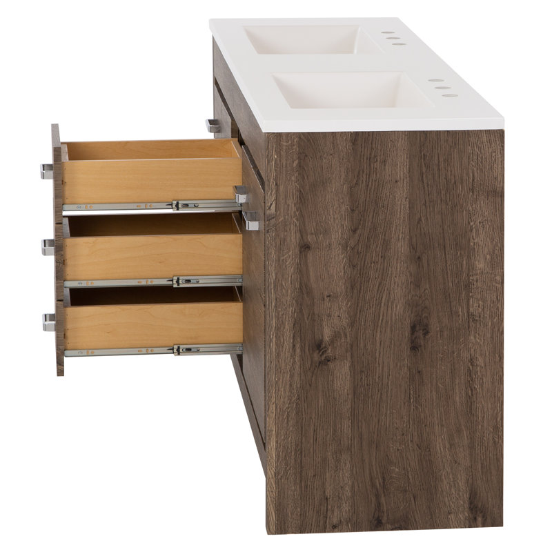 60.5" Double Bathroom Vanity With Cultured Marble Top, Vintage Oak