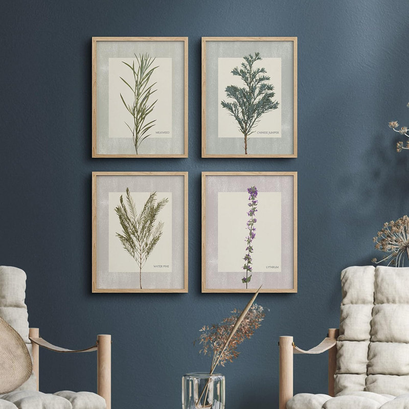 Ensemble de 4 reproductions murales encadrées de fleurs sauvages encadrées sur papier, encadrées sur papier, Naturel