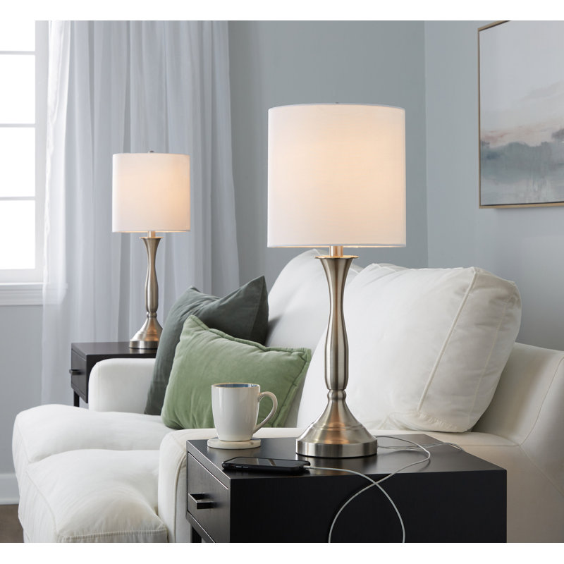 Verwood 25" Metal Table Lamps with USB Ports, Brushed Nickel , White