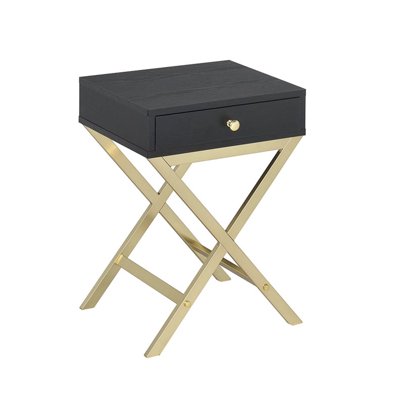 Rectangular Accent Table With 1 Drawer, Black Top And Brass Finish Metal Trestle Base, Black, Gold