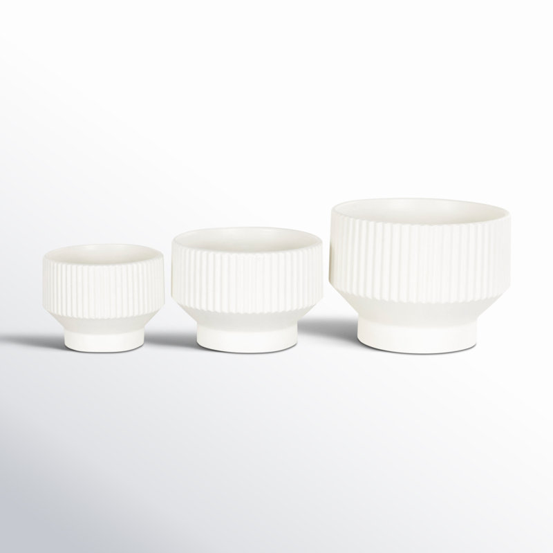 White Ribbed Ceramic 3-Piece Round Planter Set