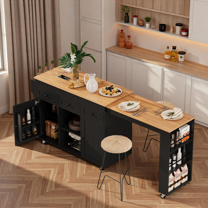 Îlot de cuisine roulant avec table de salle à manger extensible, station de charge, support de rangement ouvert à trois niveaux, 3 tiroirs et 2 armoires de rangement