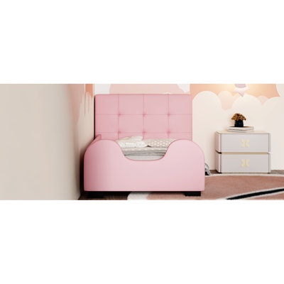 Lit plateforme tapissier simple rose avec garde-corps - look moderne, tête de lit stylée remplie de mousse