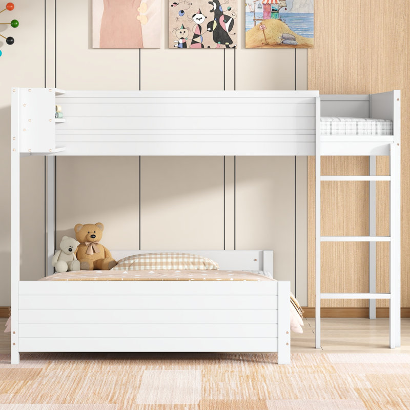Jexley Wooden Bunk Bed with Built-in Storage Shelf & Ladder, Solid Wood Frame, Slat Support, No Box Spring Needed, White