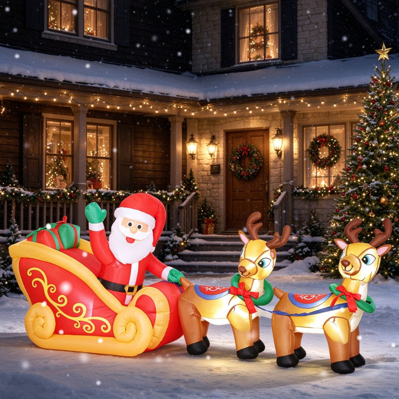 LED Lighted Blow Up 7.9ft Christmas Inflatable Santa on Sleigh, Indoor Outdoor Garden Home Holiday Decoration, Santa Sleigh with Two Reindeer Design