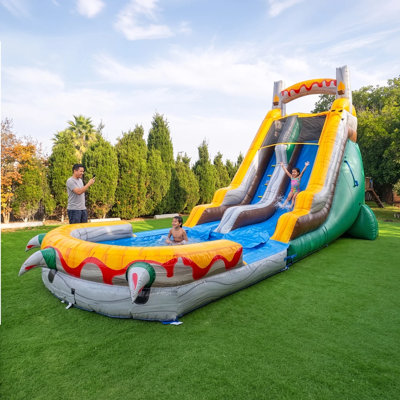 HeroKiddo T-Rex 29' Inflatable Water Slide with Detachable Splash Pool & Dinosaur Design for Kids, Includes Blower
