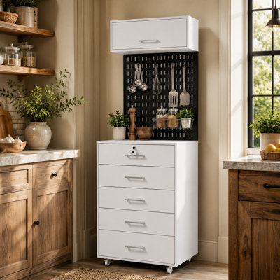 78.9" H White Mobile Kitchen Storage Cabinet – 5 Drawers (1 Lockable), Wall-Mount Pegboard, Rolling Wheels for Kitchen or Craft Room