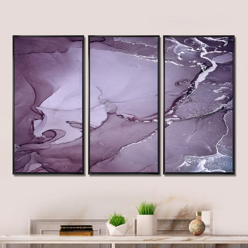 Purple and Grey Marble Ink Clouds I - 3 Piece Floater Frame Print on Canvas, Black Framed, 28" H x 36" W x 1" D