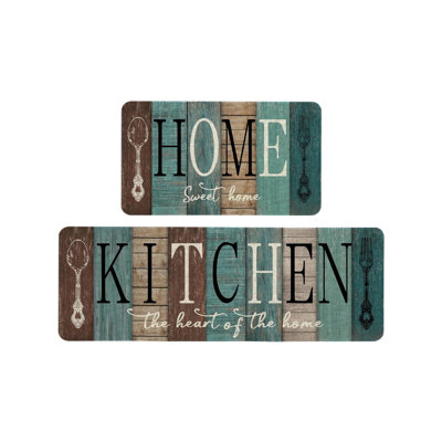 Home Sweet Home Print Kitchen Mats for Kitchen & Dining Room, Teal Brown Home Decor 2 Pcs