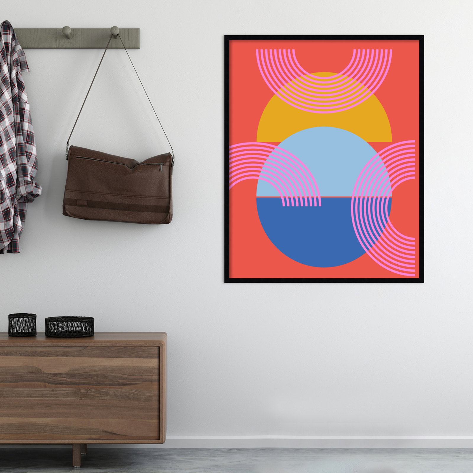 Shapes and Arches in Red Print, 41.25" H x 33.25" W x 0.88" D, Black