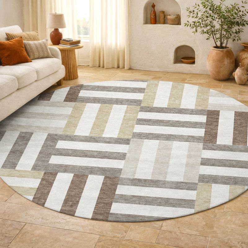 Premium Machine Washable Mayfield AMF2332 Geometric Rug, Ivory, 8' Round