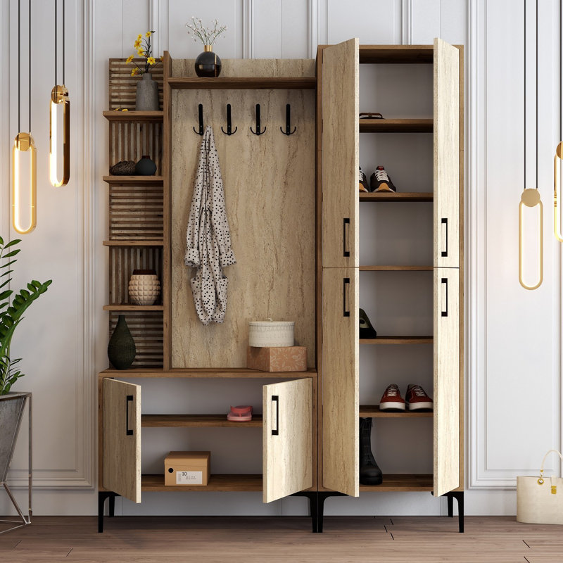 Modern Hall Stand with Numerous Shelves, 59.1 x 78.7 x 13.8 inches | 100% Melamine Coated Particle Board, Thickness: 0.7 inches | Wall-Mountable, Stylish & Functional Storage Solution