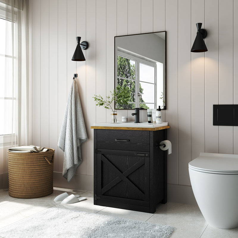24 Inch Bathroom Vanity with Drawer & Barn Door, Black