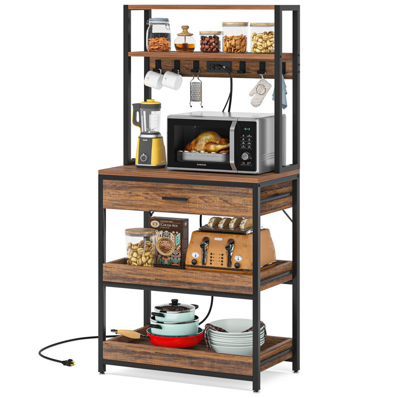 4 prises de courant et prises USB 5 niveaux de cuisinières pour four à micro-ondes avec tiroirs, tablettes coulissantes, étagère de rangement autoportante avec 6 crochets, station de café Rozel multifonctionnelle