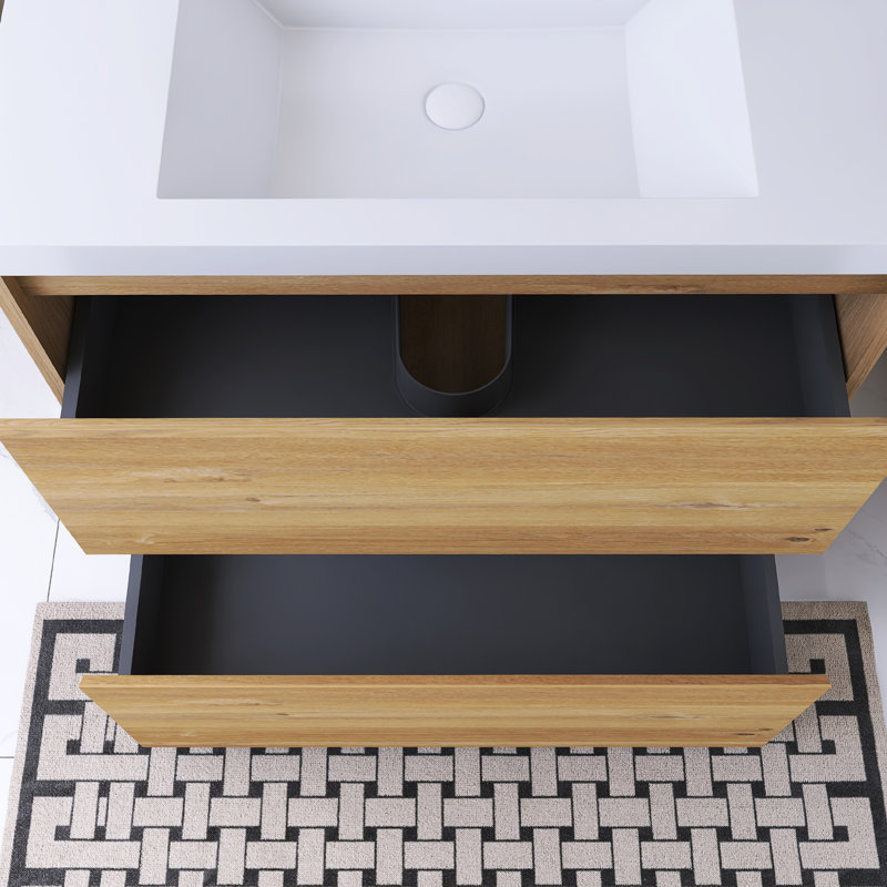 35,43 po W Meuble-lavabo autoportant en chêne avec résine blanc brillant