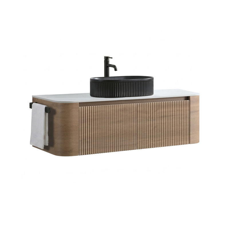 Armoire murale avec porte-serviettes gratuit et vasque en céramique sans drain ni robinet, Chêne miel, 48 po, Black