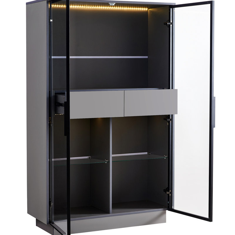 Grey 60.6'' Tall Display Cabinet With Two Drawers And Led Lighting - Modern Style Storage For Living Room, Office, Study Tempered Glass Door & Adjustable Shelves With Door, Lighting, Office