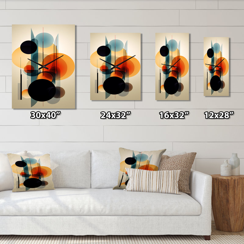 Rétro géométrie circulaire orange II - Très grandes horloges murales géométriques modernes, H 32 po x l 24 po x P 1 po