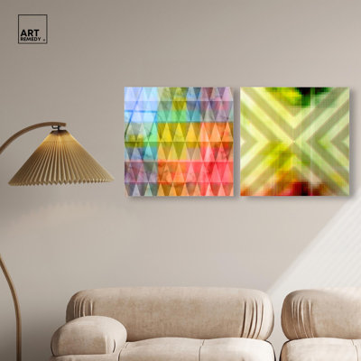 Ensemble de décorations murales à motif acrylique duo à géométrie dynamique par Art Remedy, prêt à accrocher, 20 x 20