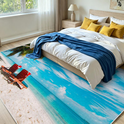 Tapis intérieur rouge lavable à la machine, motif chaise de plage de Noël avec Père Noël et mer