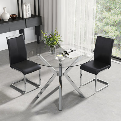 Modern Round Glass Dining Table Set with 4/6 PU Upholstered Chairs, Silver/Black/Gold Chrome Legs for Dining, Kitchen