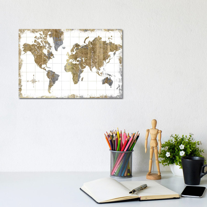Gilded Map - Painting on Canvas, 20.32 cm H x 30.48 cm W, Wrapped Canvas