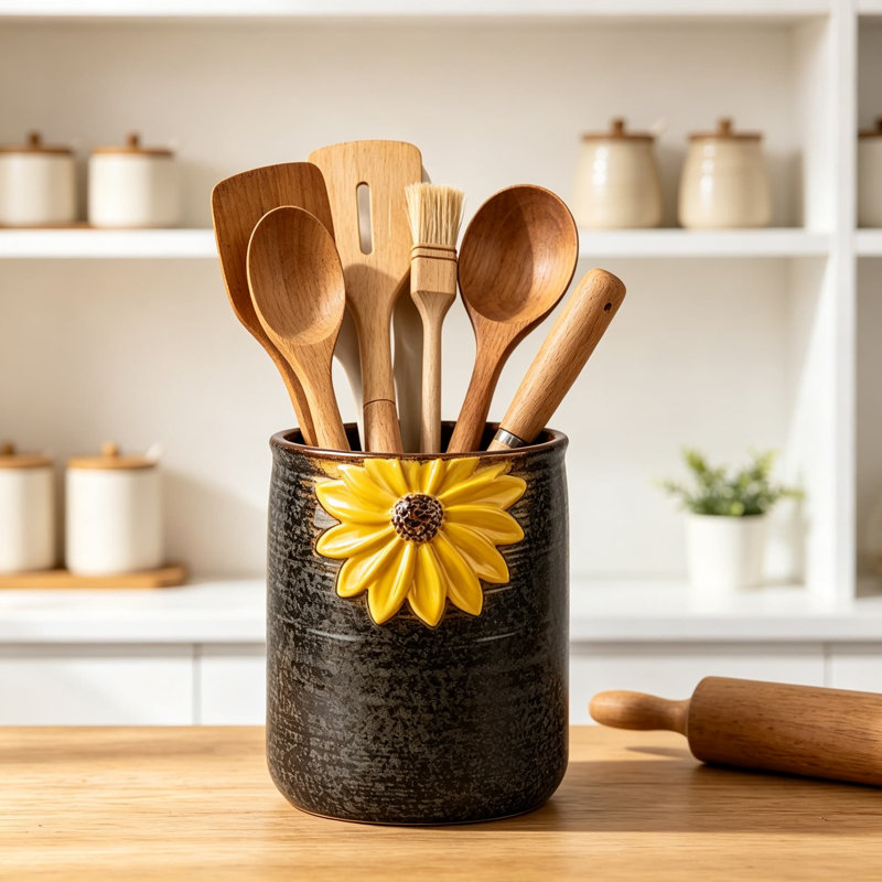 Porte-ustensiles en céramique avec relief en tournesol pour comptoir de cuisine, décor de vase de fleurs de ferme, glacis réactif, base en liège antidérapant, pot à usages multiples