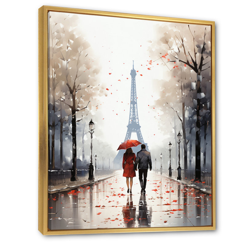 «Paris Love Couple», Tour Eiffel, aquarelle - décoration murale Paris, H 44 po x l 34 po x P 1,5 po, Cadre flottant doré