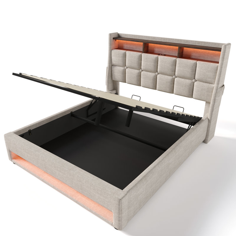 Lit plateforme tapissier avec charge DEL et USB, Naturel, Grand lit