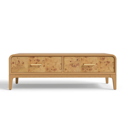 Adden Mid-century Modern 2-drawer Coffee Table With Figured Burl Veneer Fronts, Wood Frame & Brass-tone Pulls, Oak Finish