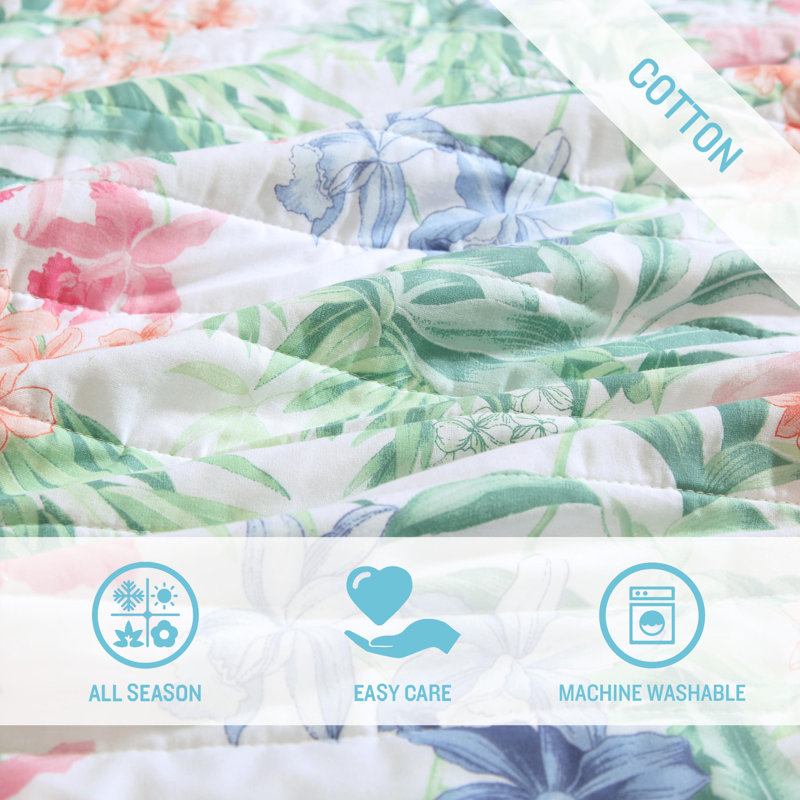 Island Orchid Quilt, White/Green/Pink, Queen Quilt + 2 Standard Shams