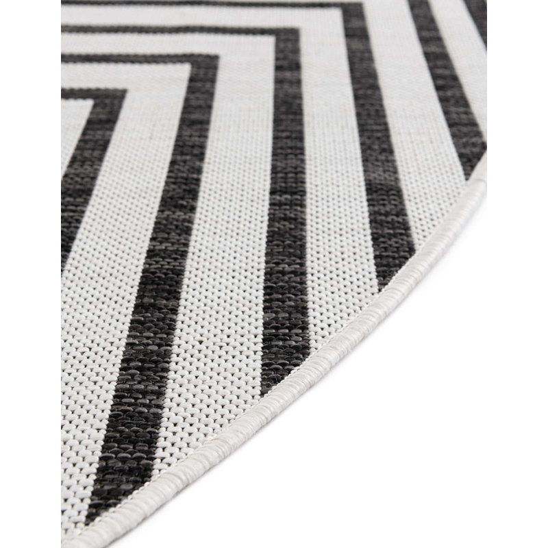 Tapis intérieur / extérieur en polypropylène géométrique tissé à la machine blanc / noir, Rond 3 pi 3 po