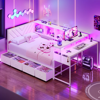 Lit de jour simple avec bureau, 4 étagères et 4 tiroirs, cadre de lit d'angle convertible avec éclairage DEL et multiprise, lit de jeu simple style e-sport pour adolescents, lit d'appoint gain de place pour petites chambres, blanc
