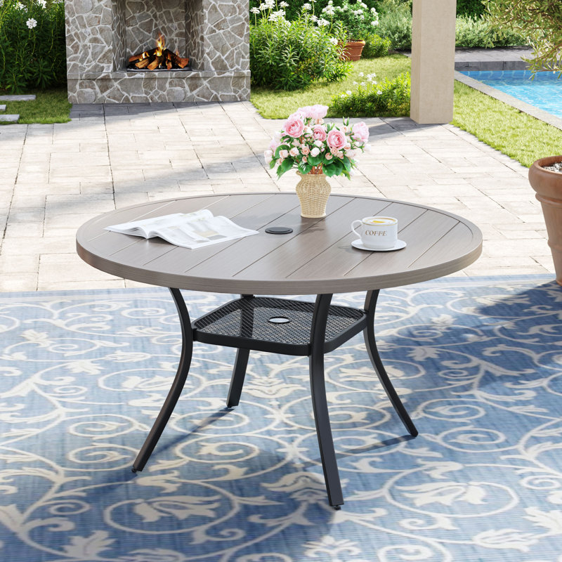 Table de patio ronde de 41 po avec tablette de rangement, Bois brossé gris