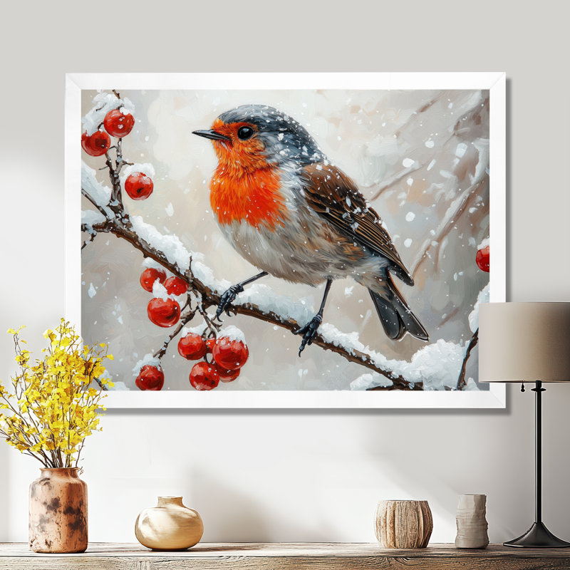 Oiseau hivernal dans la forêt III - Art mural oiseau, H 30 po x l 40 po, Cadre simple, Blanc