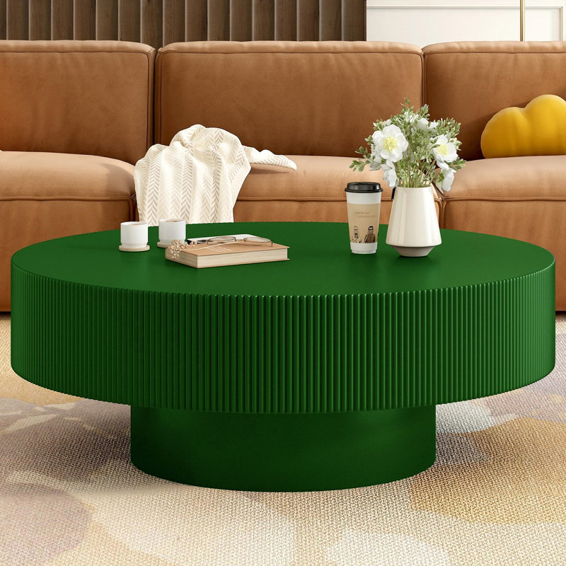 Modern Minimalist Round Coffee Table | 6.8'' Thick Fluted Tabletop | Sturdy Base | Easy Assembly for Living Room, Green