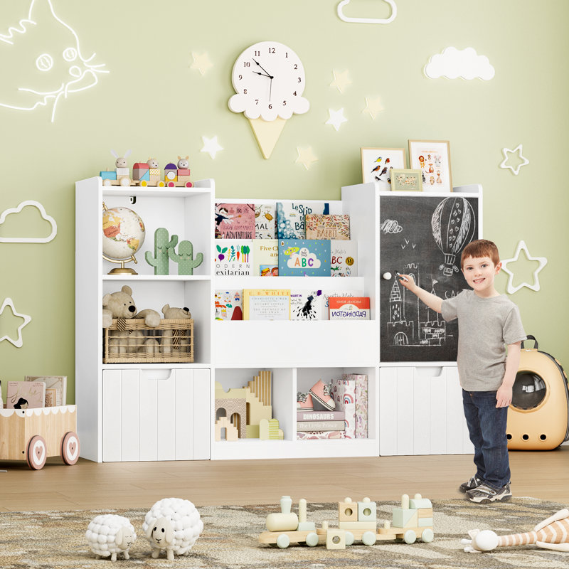 55.1'' Kids Storage Bookcase with 2 Removable Drawers, Toy Organizer with Chalkboard