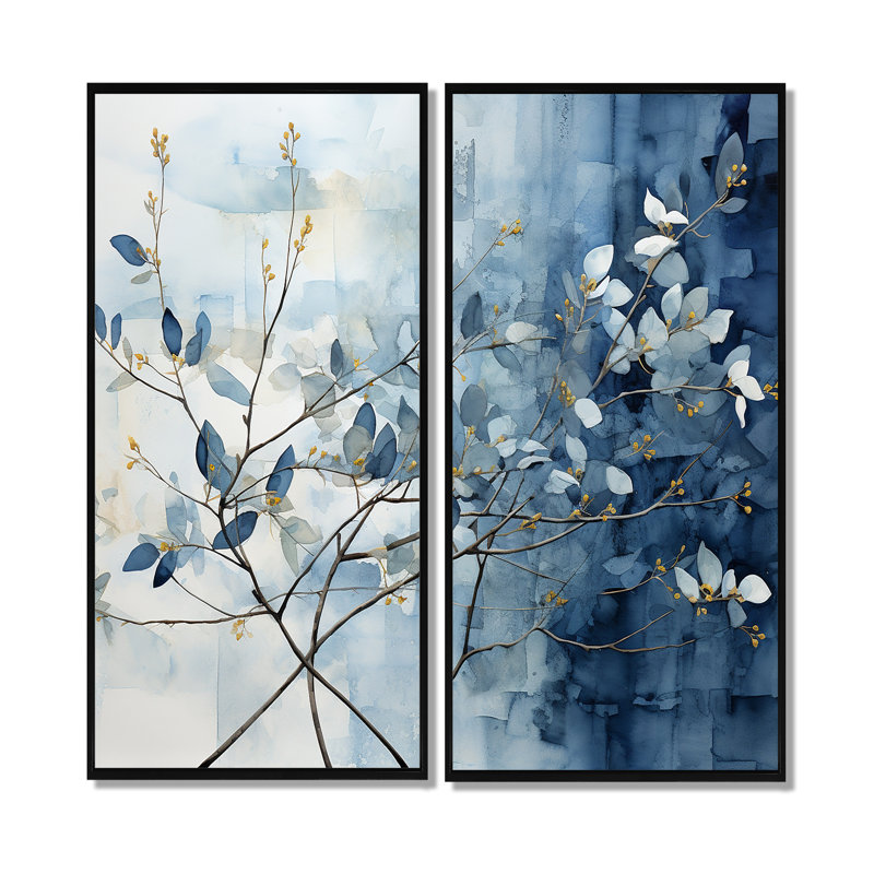 Bleu et gris sur une branche I - art mural bleu, Floater Framed Print without Mat, 32" H x 32" W, Black