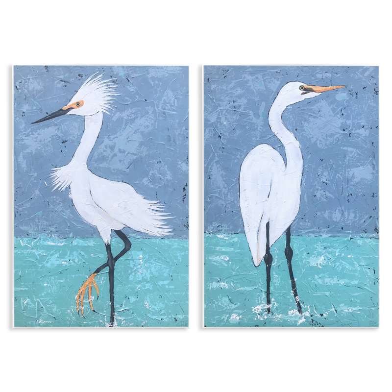 «Snowy Egret Pond», ensemble de 2 plaques murales par Jade Reynolds, H 15 po x l 10 po