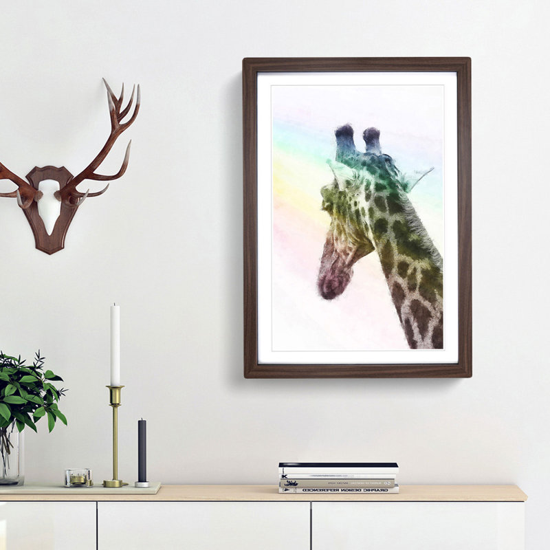 Giraffe Facing the Rainbow - Picture Frame Painting Print, 33cm H x 24cm W x 2cm D, Walnut Framed