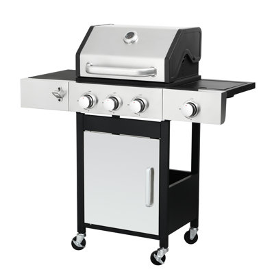 Barbecue en acier inoxydable avec 3 brûleurs, brûleur latéral et ajusteur de flamme en fonte émaillée pour foyer