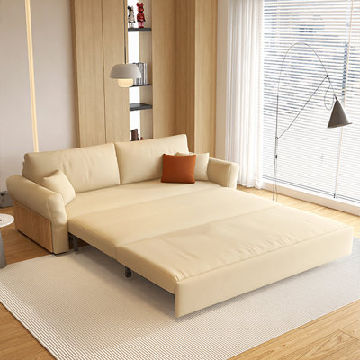 Pet-Friendly Anti-Cat Scratch Leather Sofa Sleeper, Cream Convertible Pull Out Sofa Bed with Large Hidden Under-Seat Storage