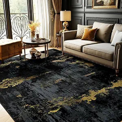 Tapis d'intérieur lavable à motifs abstraits (152 x 213 cm) pour salon et chambre – Noir et or imprimé, à poils courts, antidérapant, résistant aux taches, doux, idéal pour la cuisine, le bureau, le corridor et l'entrée.