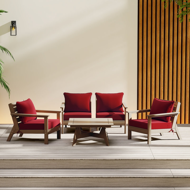5-Piece Deep Seating Set, Walnut, Red