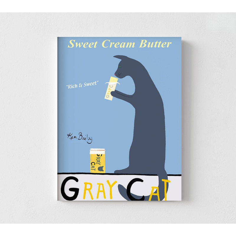 Chat gris par Ken Bailey, art mural de boulangerie, idée de décoration de cuisine boulanger, impression d'affiche beurre, décoration de cuisine pour chat, art de propriétaire de chat