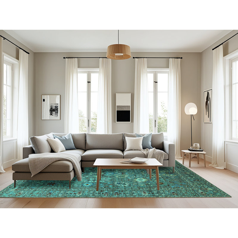 Tapis bleu sarcelle tissé à la machine, Rectangle 8 pi x 10 pi