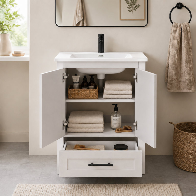 Ensemble de meuble-lavabo sur pied simple 24 po avec lavabo en céramique blanc, contreplaqué de bois franc, portes à fermeture douce et rangement réglable intérieur