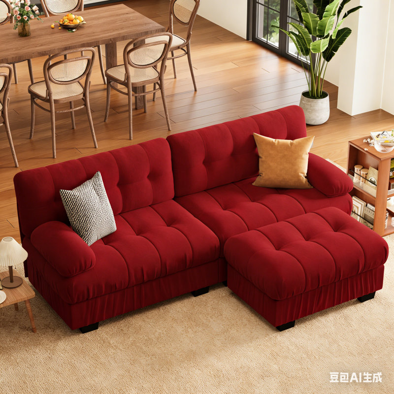 Modular Sectional Couch With Ottoman, 3-Seater Modern L-Shaped Sofa Couches, Comfy Chenille Sofa-Red, Red Chenille