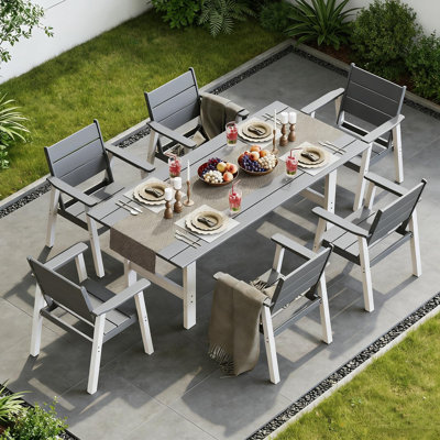  Ensemble repas 7 pièces rectangulaire avec fauteuils, trou de parasol, blanc et gris 7 pièces