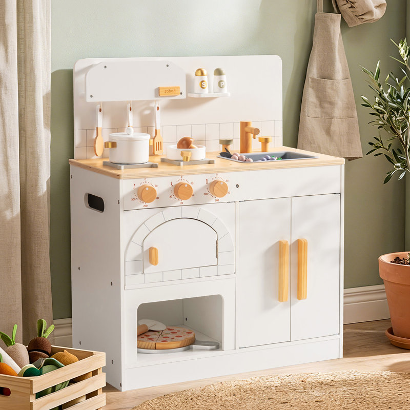 Cuisine de jeu en bois pour enfants, ensemble de cuisine blanc pour enfants avec four à pizza, coupe de pizza, batterie de cuisine et accessoires